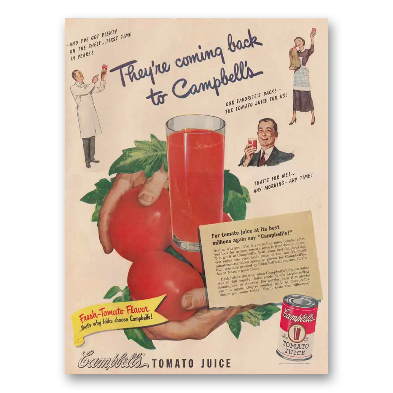 1949 Campbells Tomato Juice They're Coming Back Vintage Magazine Print Ad