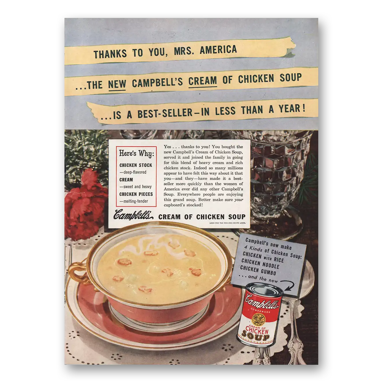 1949 Campbells Cream of Chicken Soup Thanks to You Mrs America Vintage Magazine Print Ad