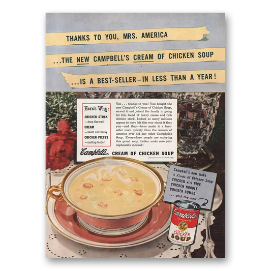 1949 Campbells Cream of Chicken Soup Thanks to You Mrs America Vintage Magazine Print Ad