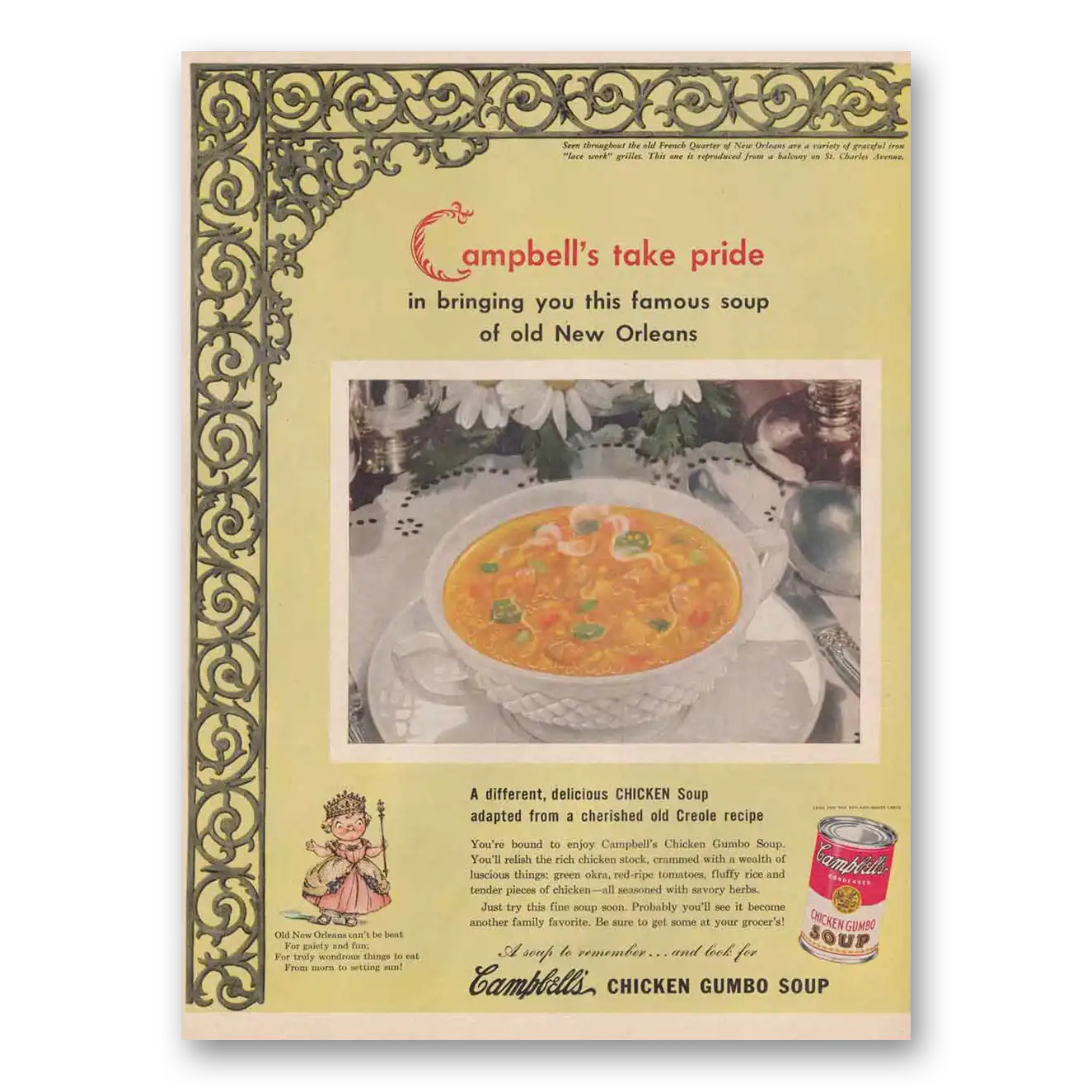 1949 Campbells Chicken Gumbo Soup Old New Orleans Vintage Magazine Print Ad