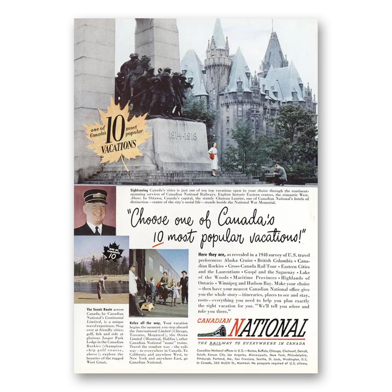 1949 Canadian National Railways Most Popular Vacation Vintage Magazine Print Ad