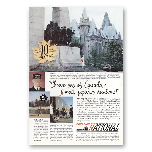 1949 Canadian National Railways Most Popular Vacation Vintage Magazine Print Ad