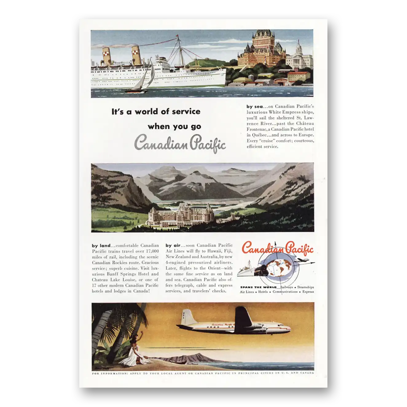 1949 Canadian Pacific World of Service Vintage Magazine Print Ad