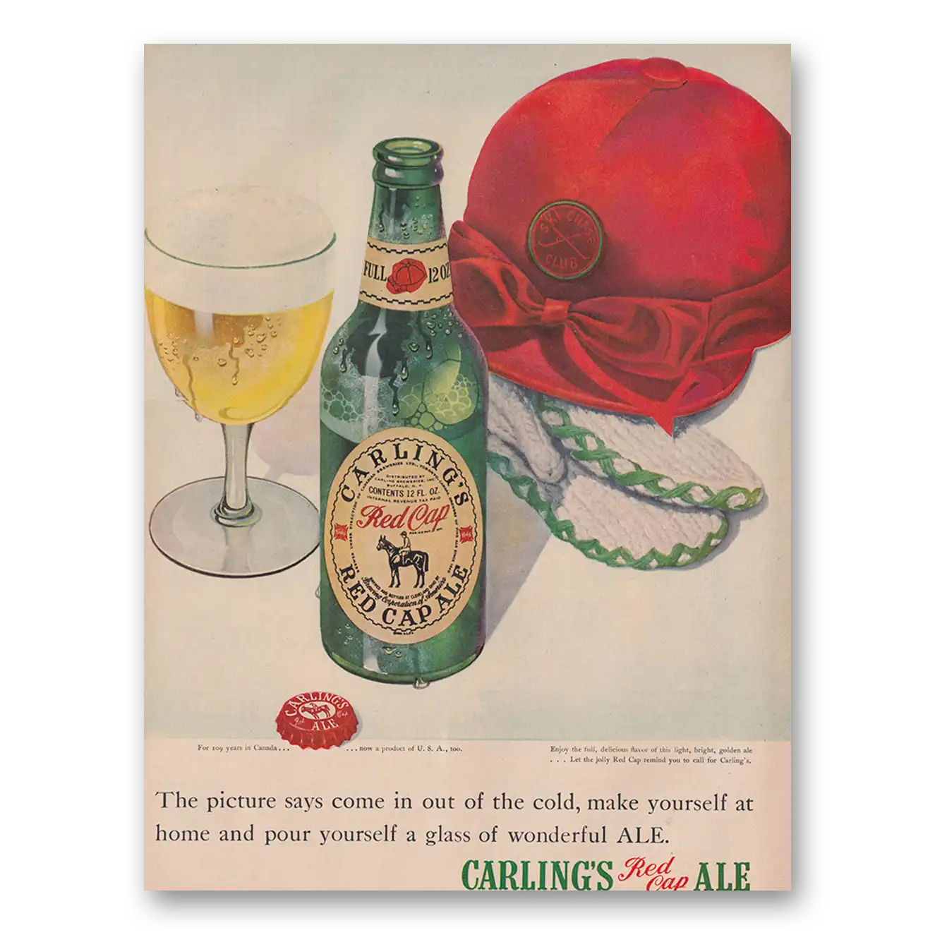 1949 Carlings Red Cap Ale Picture Says Come In and Out of the Cold Vintage Magazine Print Ad