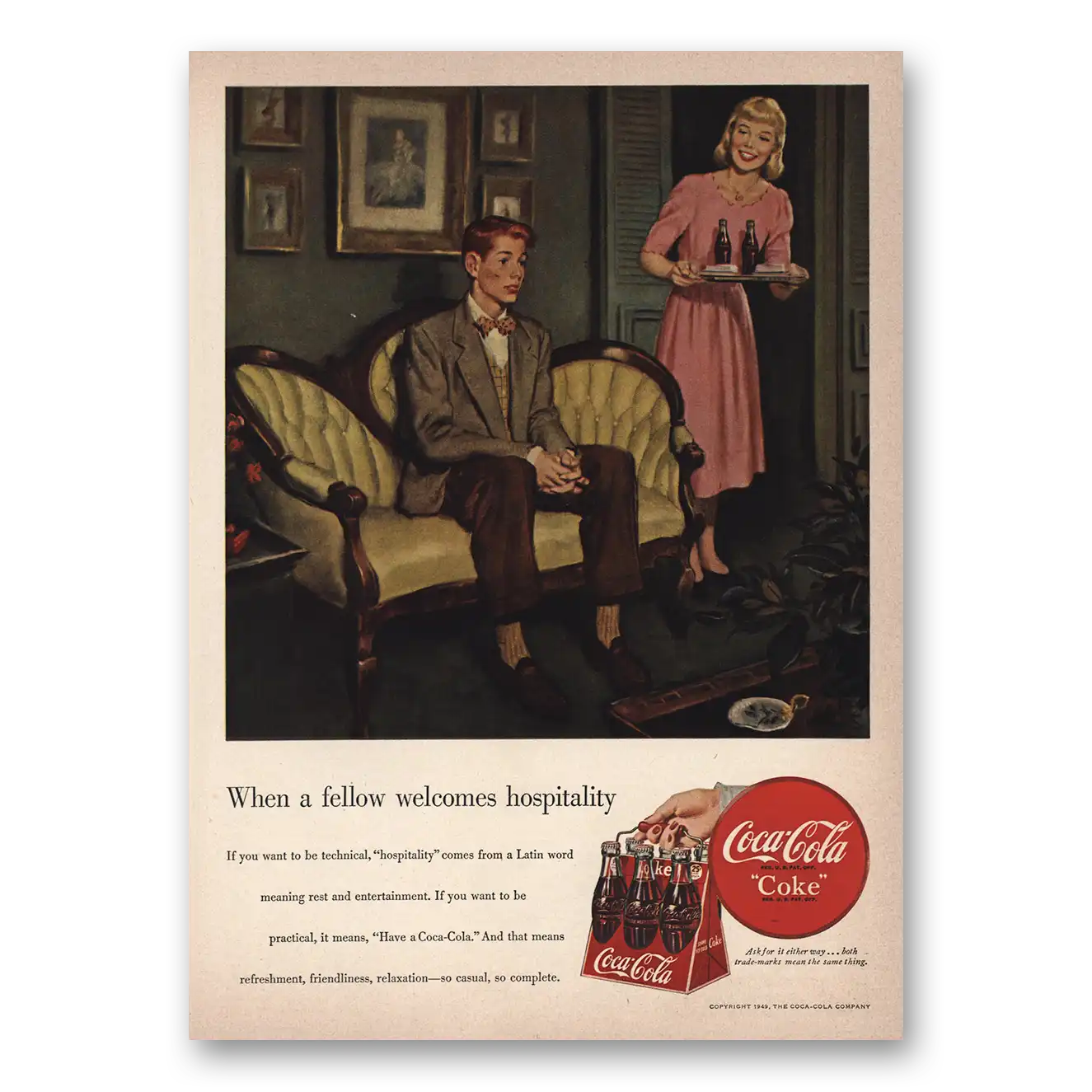 1949 Coca Cola When Fellow Welcomes Hospitality Vintage Magazine Print Ad