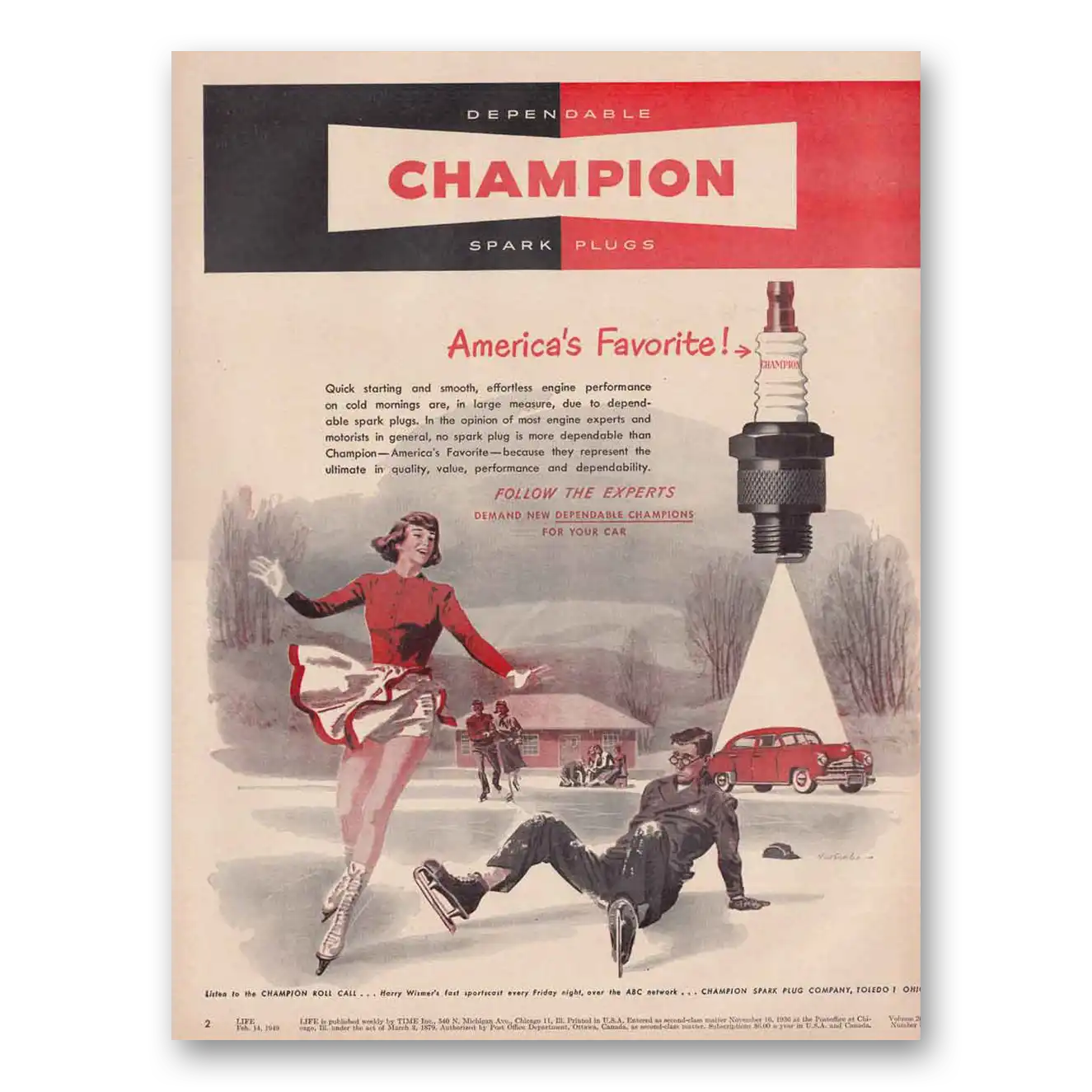 1949 Champion Spark Plugs Ice Skating Vintage Magazine Print Ad