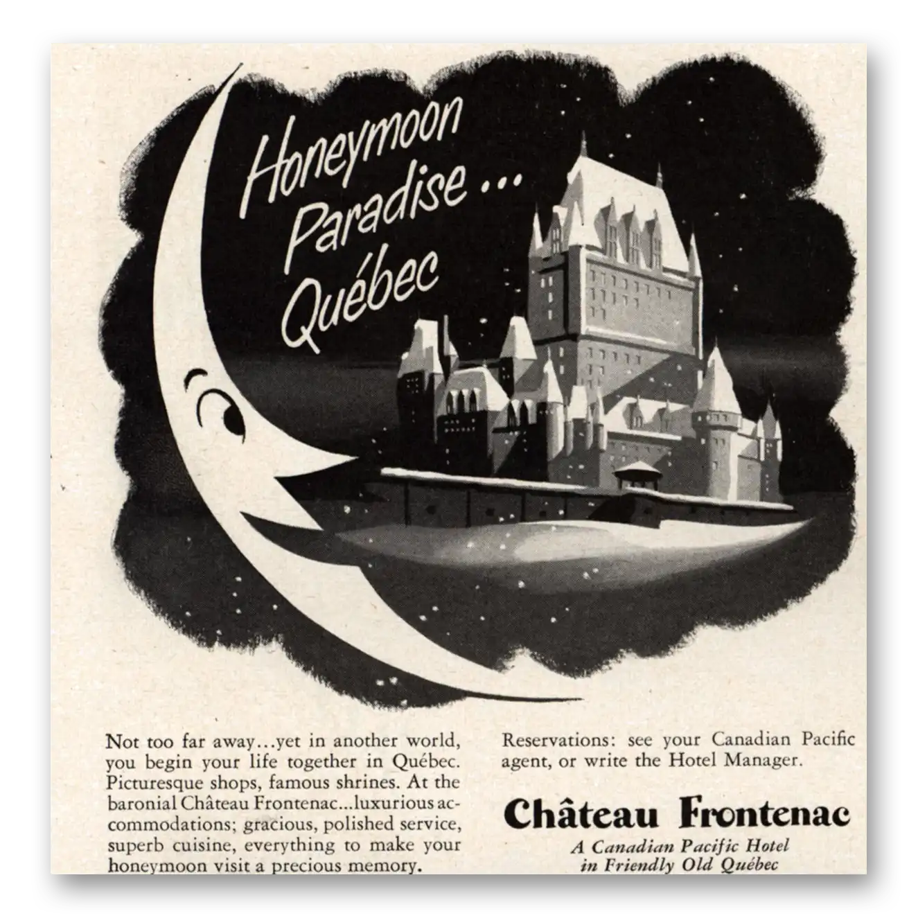 1949 Chateau Frontenac Hotel Honeymoon Paradise Quebec Vintage Magazine Print Ad