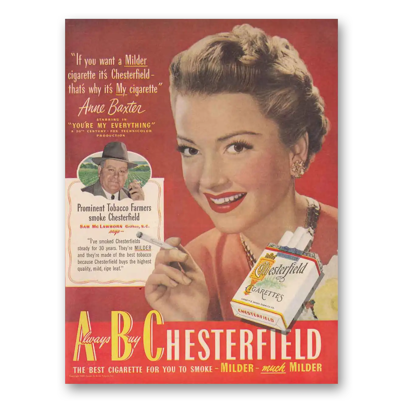 1949 Chesterfield Cigarettes Anne Baxter Sam McLawho Vintage Magazine Print Ad