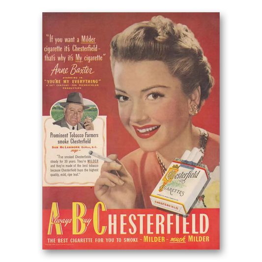 1949 Chesterfield Cigarettes Anne Baxter Sam McLawho Vintage Magazine Print Ad