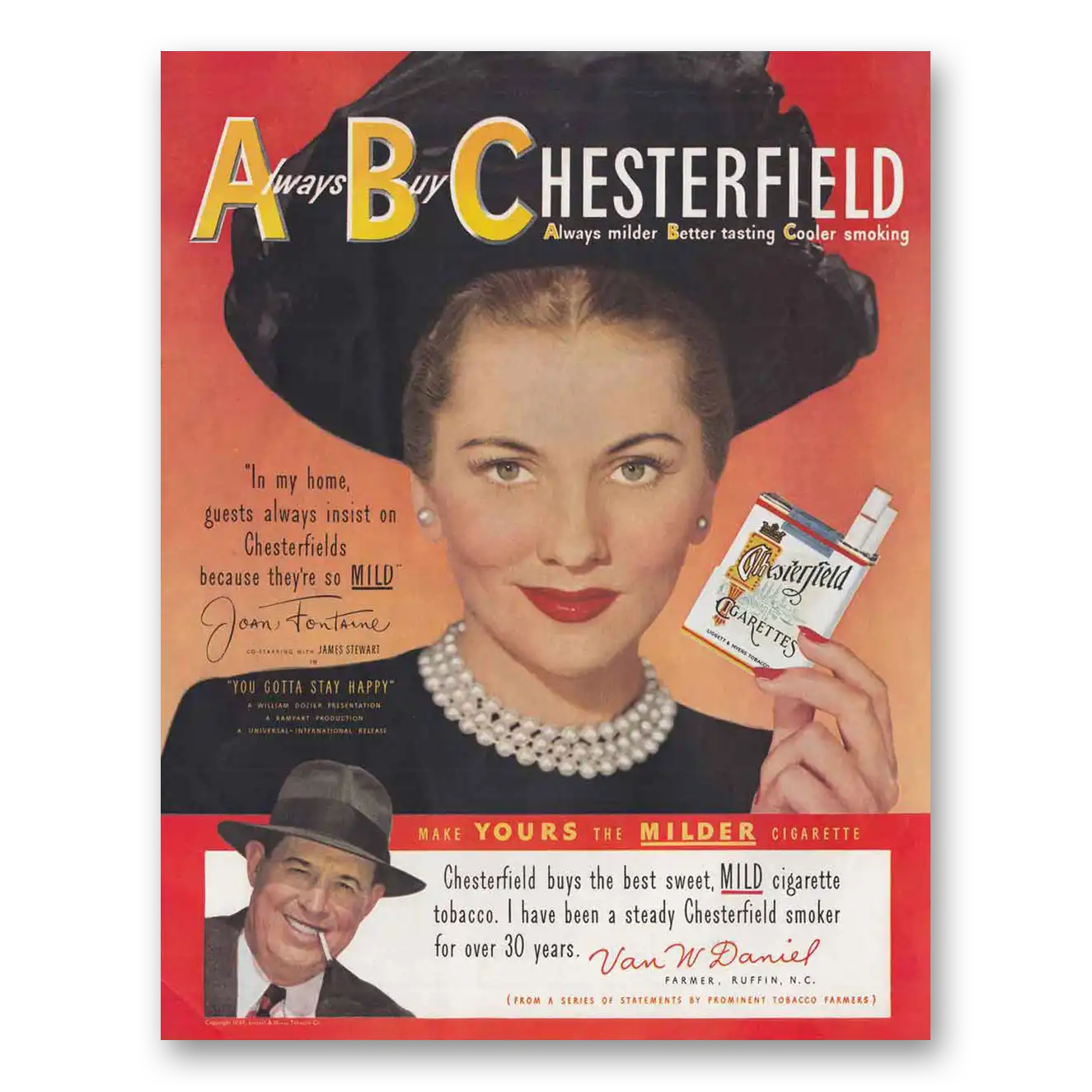 1949 Chesterfield Cigarettes Joan Fontaine Vintage Magazine Print Ad