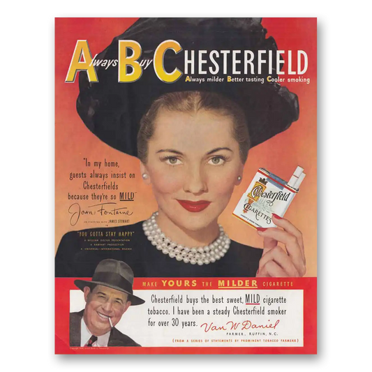 1949 Chesterfield Cigarettes Joan Fontaine Vintage Magazine Print Ad