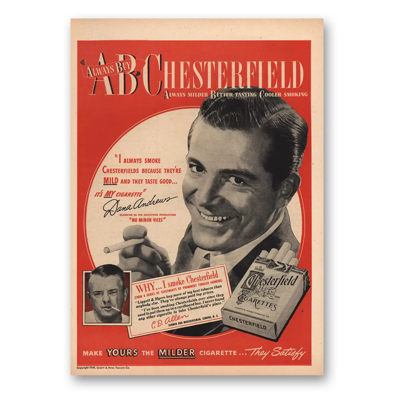 1949 Chesterfield Cigarettes Dana Andrews Vintage Magazine Print Ad