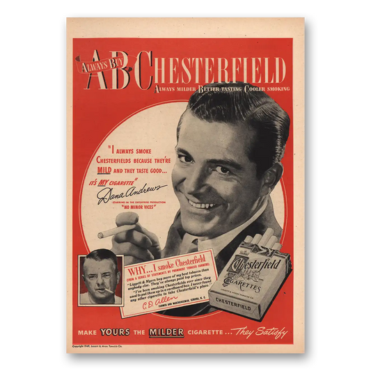 1949 Chesterfield Cigarettes Dana Andrews Vintage Magazine Print Ad