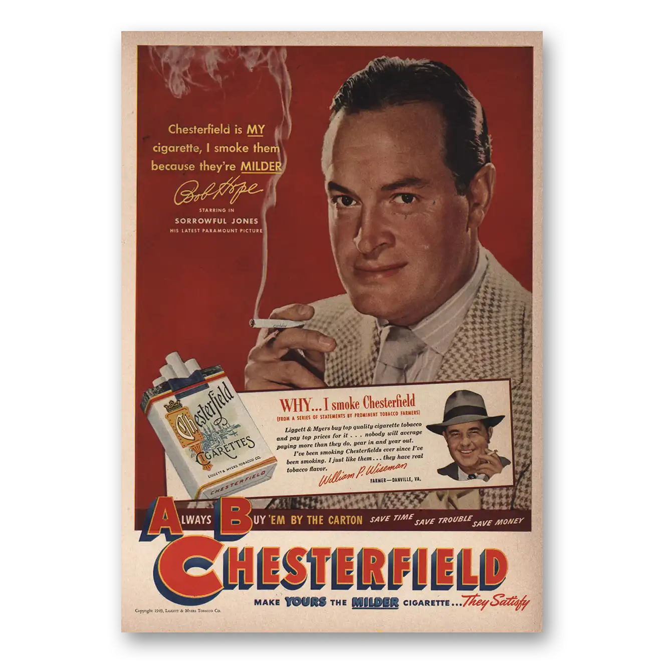 1949 Chesterfield Cigarettes Bob Hope Vintage Magazine Print Ad