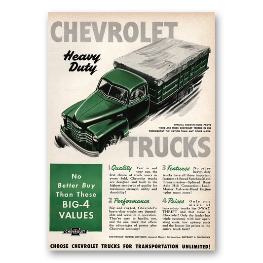 1949 Chevrolet Trucks Heavy Duty Trucks Vintage Magazine Print Ad