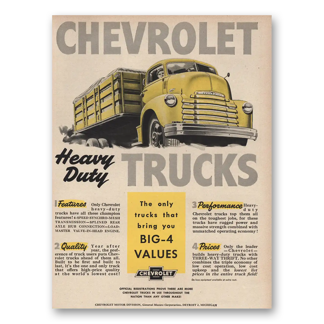 1949 Chevrolet Trucks Heavy Duty Trucks Big 4 Values Vintage Magazine Print Ad