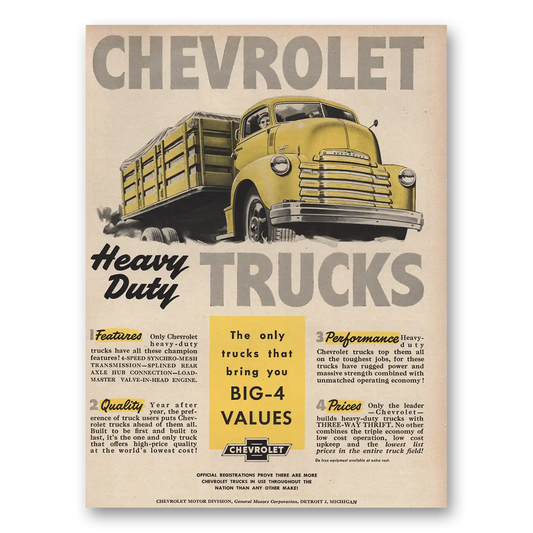 1949 Chevrolet Trucks Heavy Duty Trucks Big 4 Values Vintage Magazine Print Ad