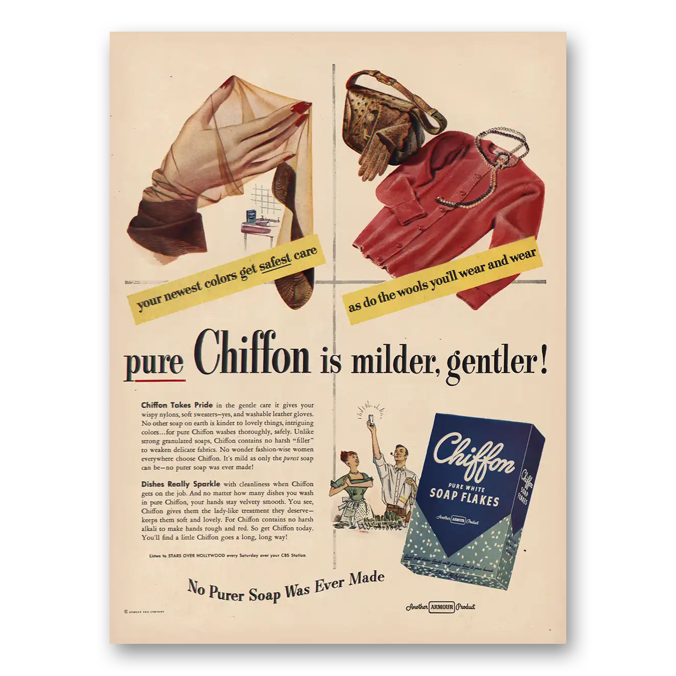 1949 Chiffon Soap Flakes Milder Gentler Vintage Magazine Print Ad