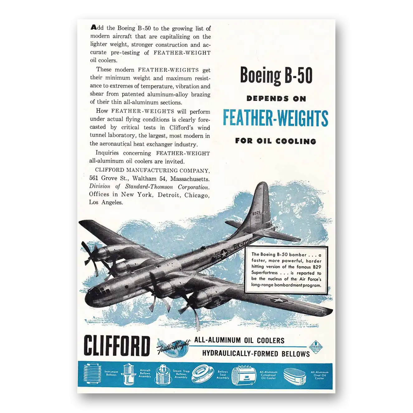 1949 Clifford All-Aluminum Oil Coolers Boeing B 50 Feather Weights Vintage Magazine Print Ad