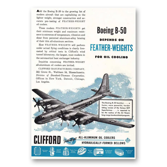 1949 Clifford All-Aluminum Oil Coolers Boeing B 50 Feather Weights Vintage Magazine Print Ad