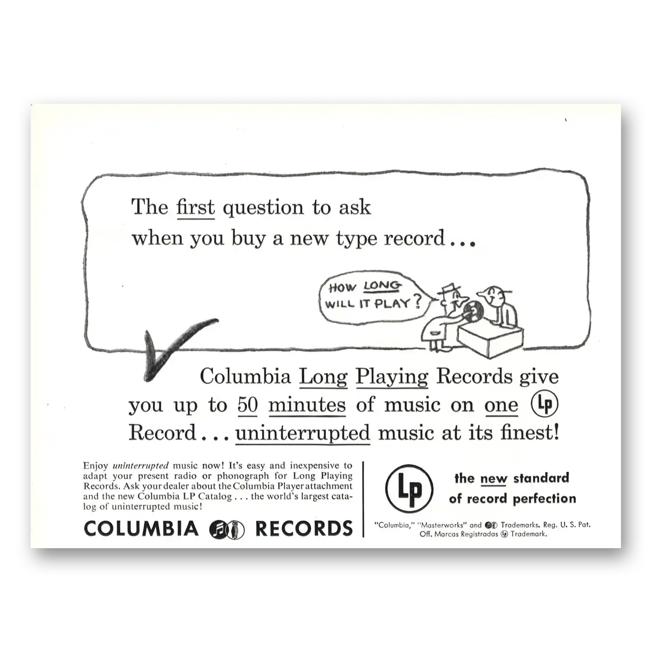 1949 Columbia Records First Question to Ask Vintage Magazine Print Ad