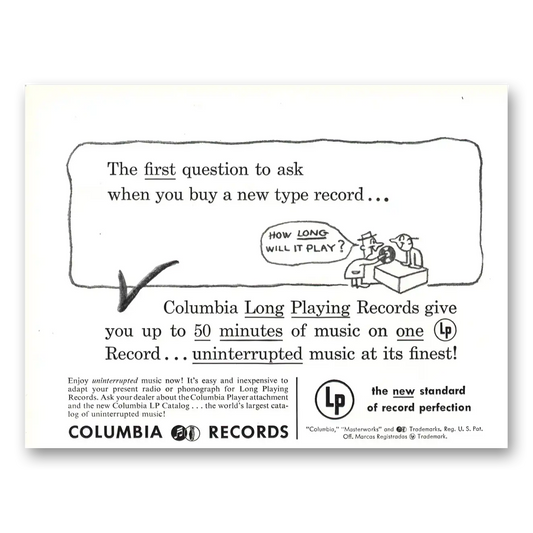 1949 Columbia Records First Question to Ask Vintage Magazine Print Ad