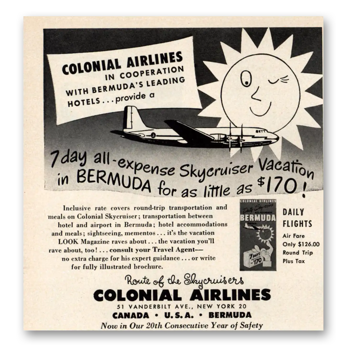 1949 Colonial Airlines Skycruiser Vacation Bermuda Vintage Magazine Print Ad