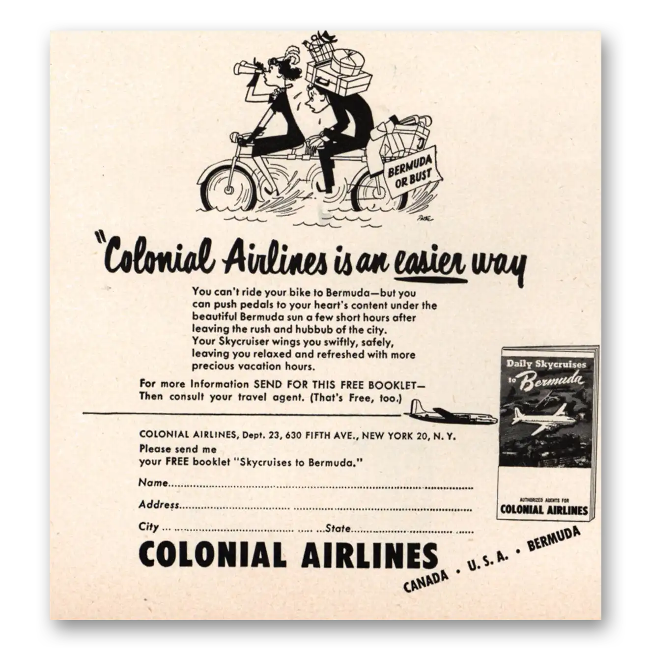 1949 Colonial Airlines Can't Ride Your Bike to Bermuda Vintage Magazine Print Ad