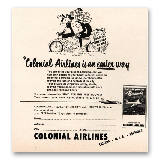 1949 Colonial Airlines Can't Ride Your Bike to Bermuda Vintage Magazine Print Ad