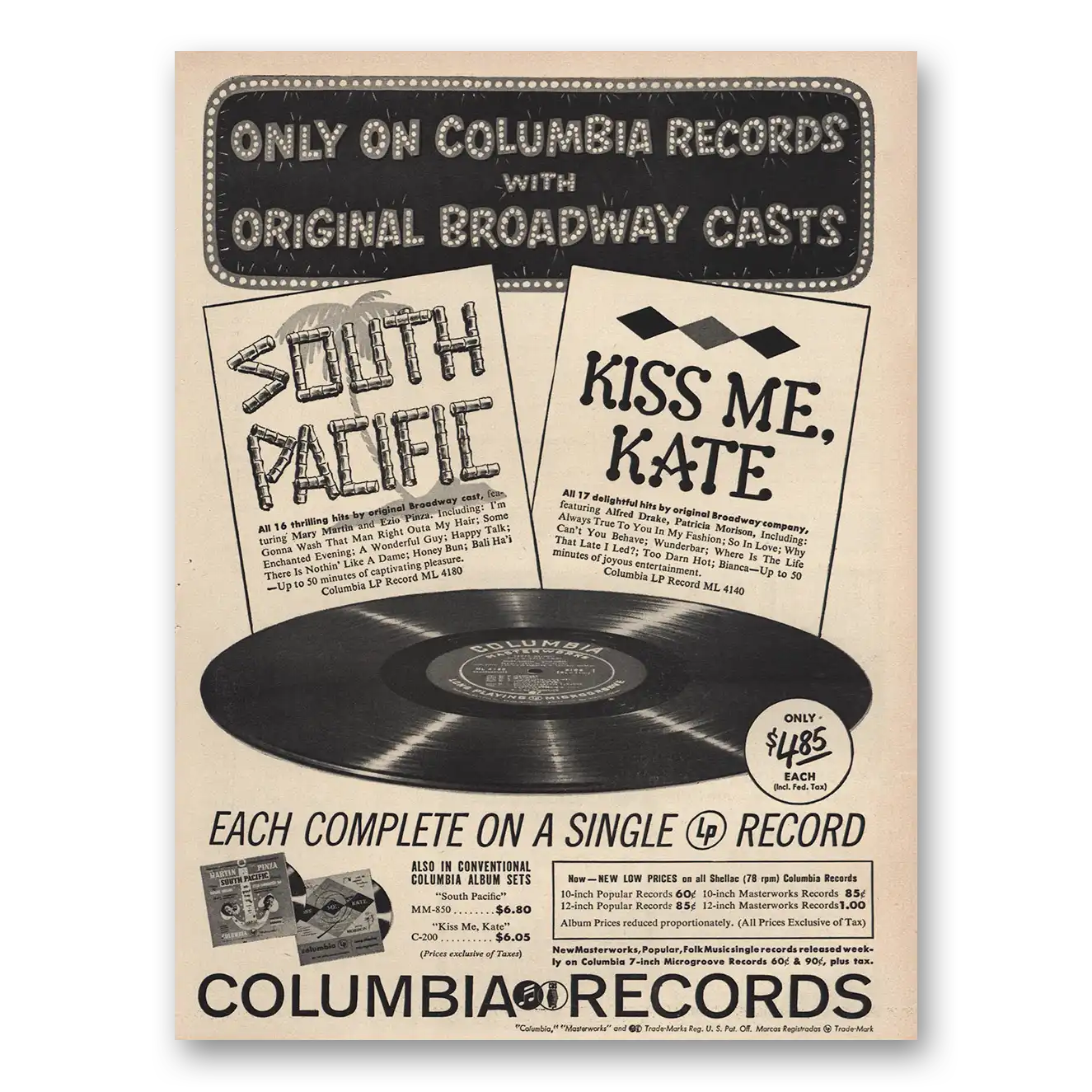 1949 Columbia Records South Pacific Kiss Me Kate Vintage Magazine Print Ad