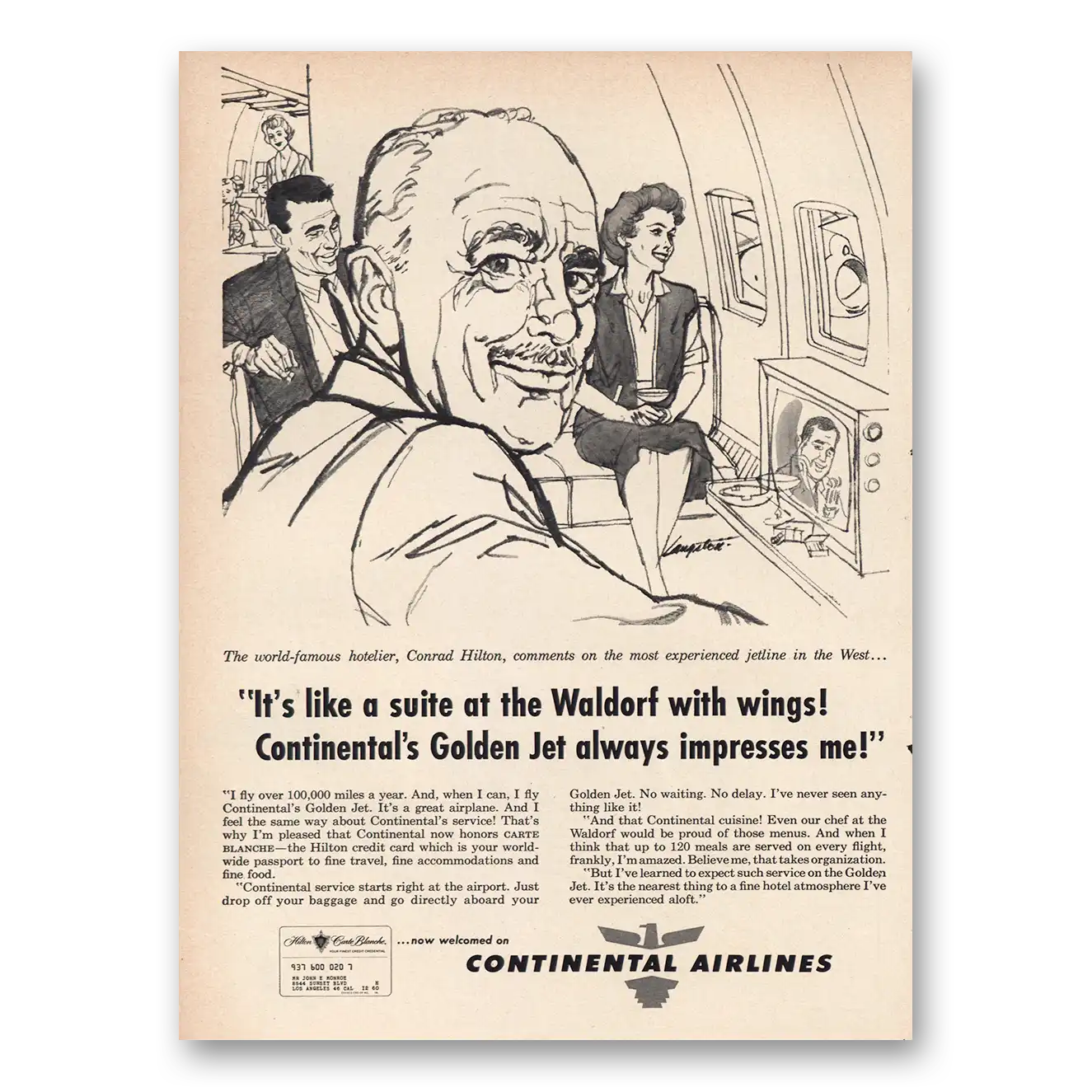 1949 Continental Airlines Like Suite at Waldorf With Wings Vintage Magazine Print Ad