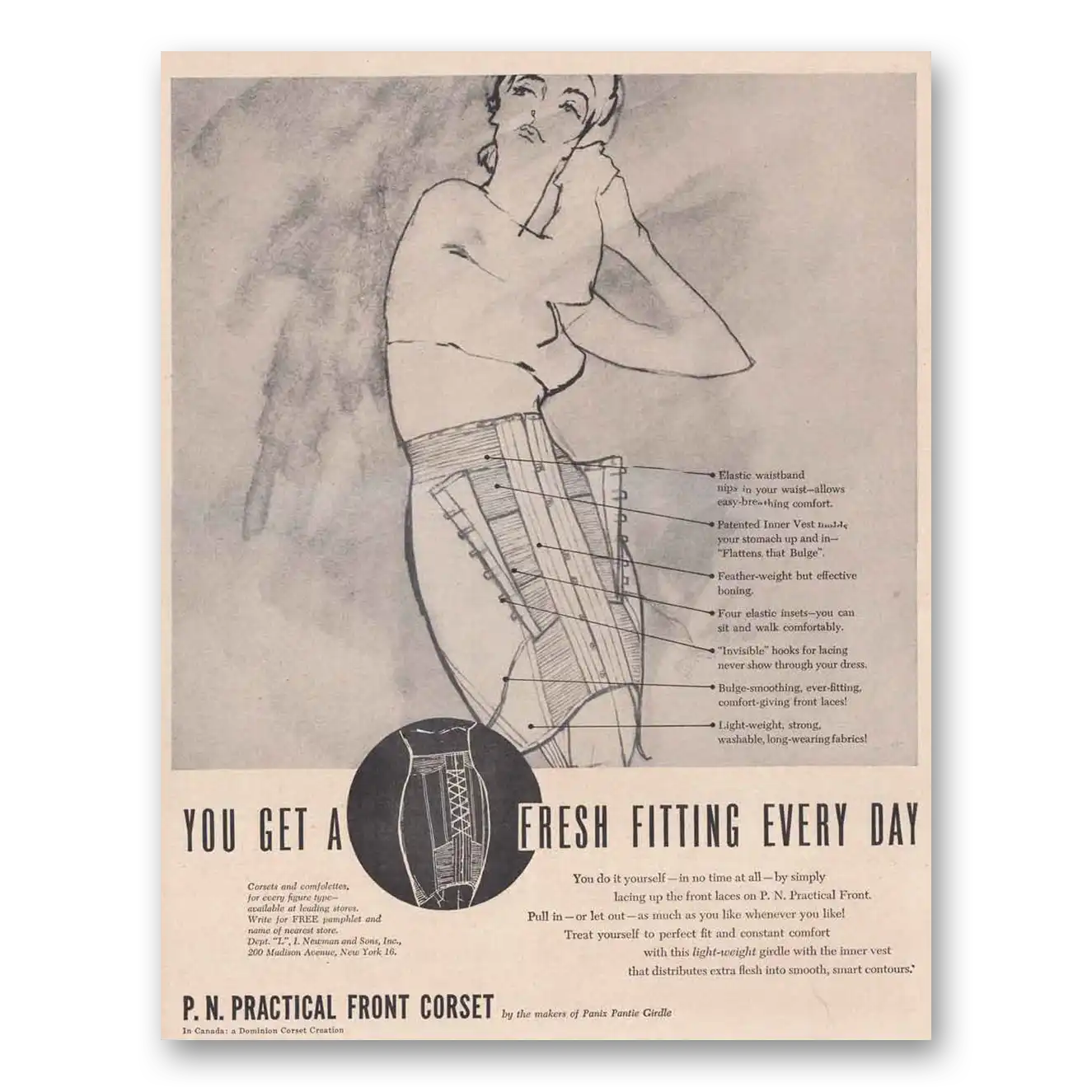 1949 P N Practical Front Corset Fresh Fitting Every Day Vintage Magazine Print Ad