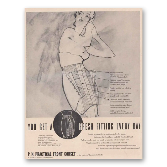 1949 P N Practical Front Corset Fresh Fitting Every Day Vintage Magazine Print Ad