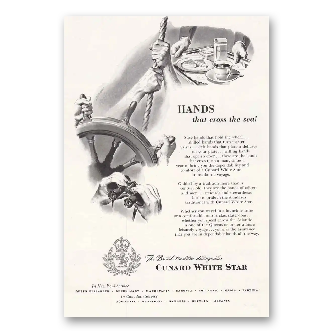 1949 White Star Line Hands That Cross the Sea Vintage Magazine Print Ad