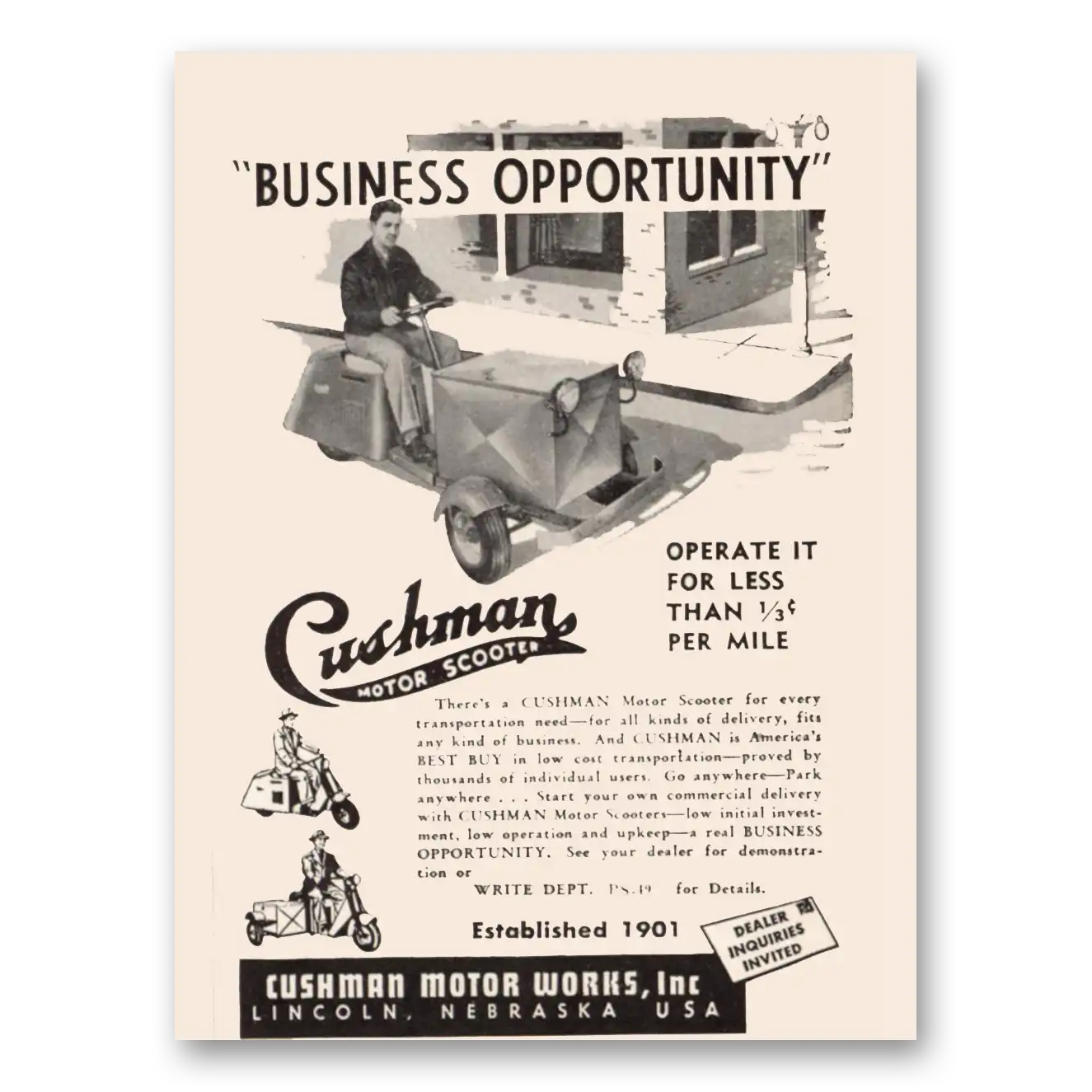 1949 Cushman Motors Business Opportunity Vintage Magazine Print Ad