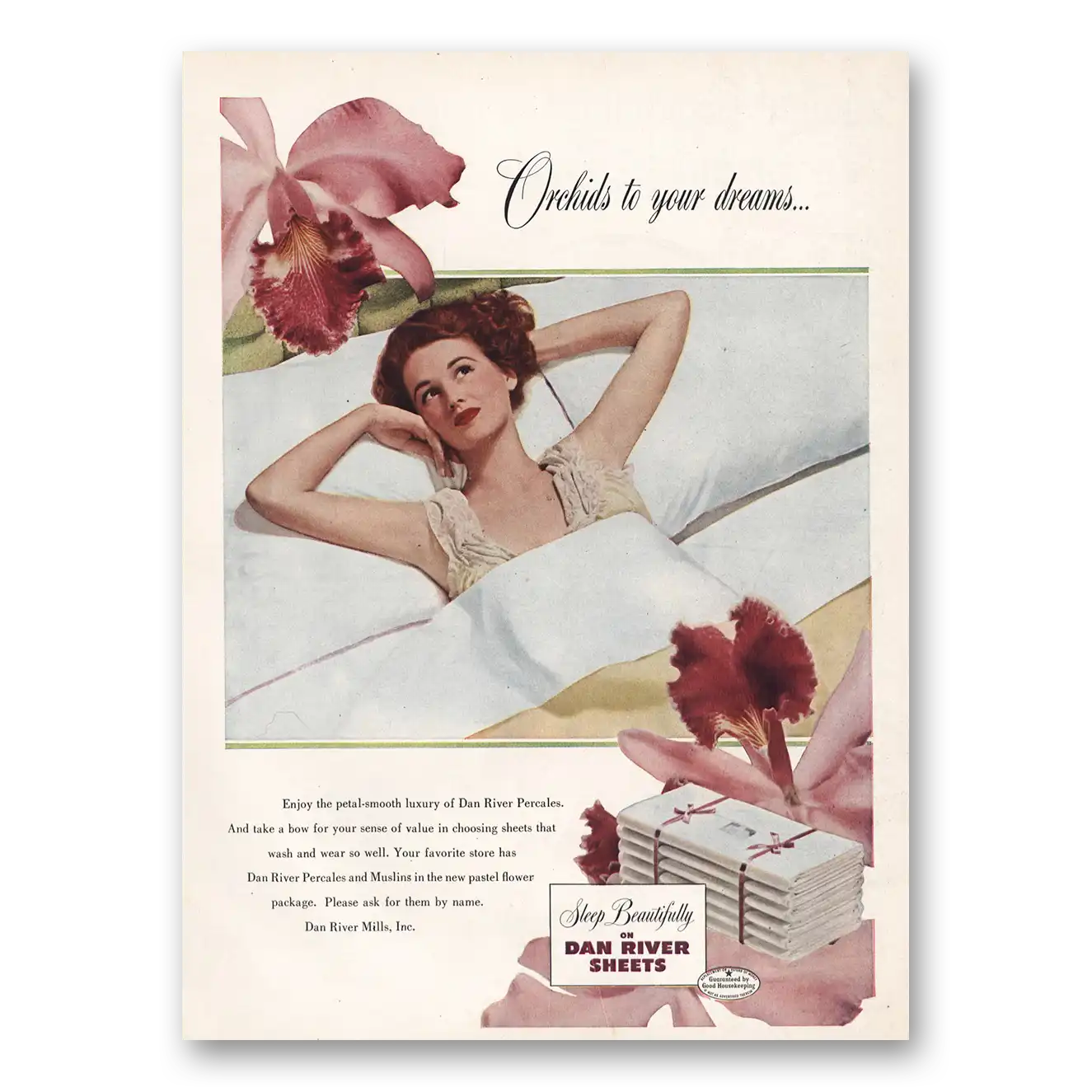 1949 Dan River Sheets Orchids To Your Dreams Vintage Magazine Print Ad