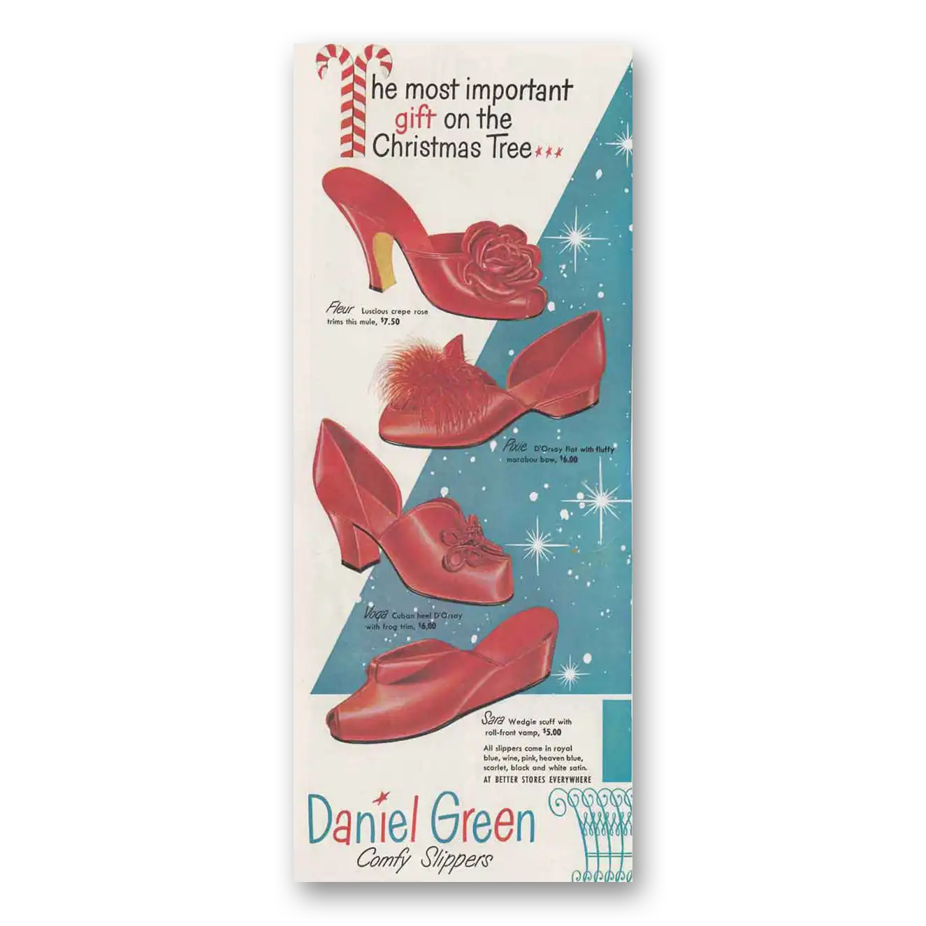 1949 Daniel Green Slippers Comfy Slippers Fleur Pixie Voga Vintage Magazine Print Ad