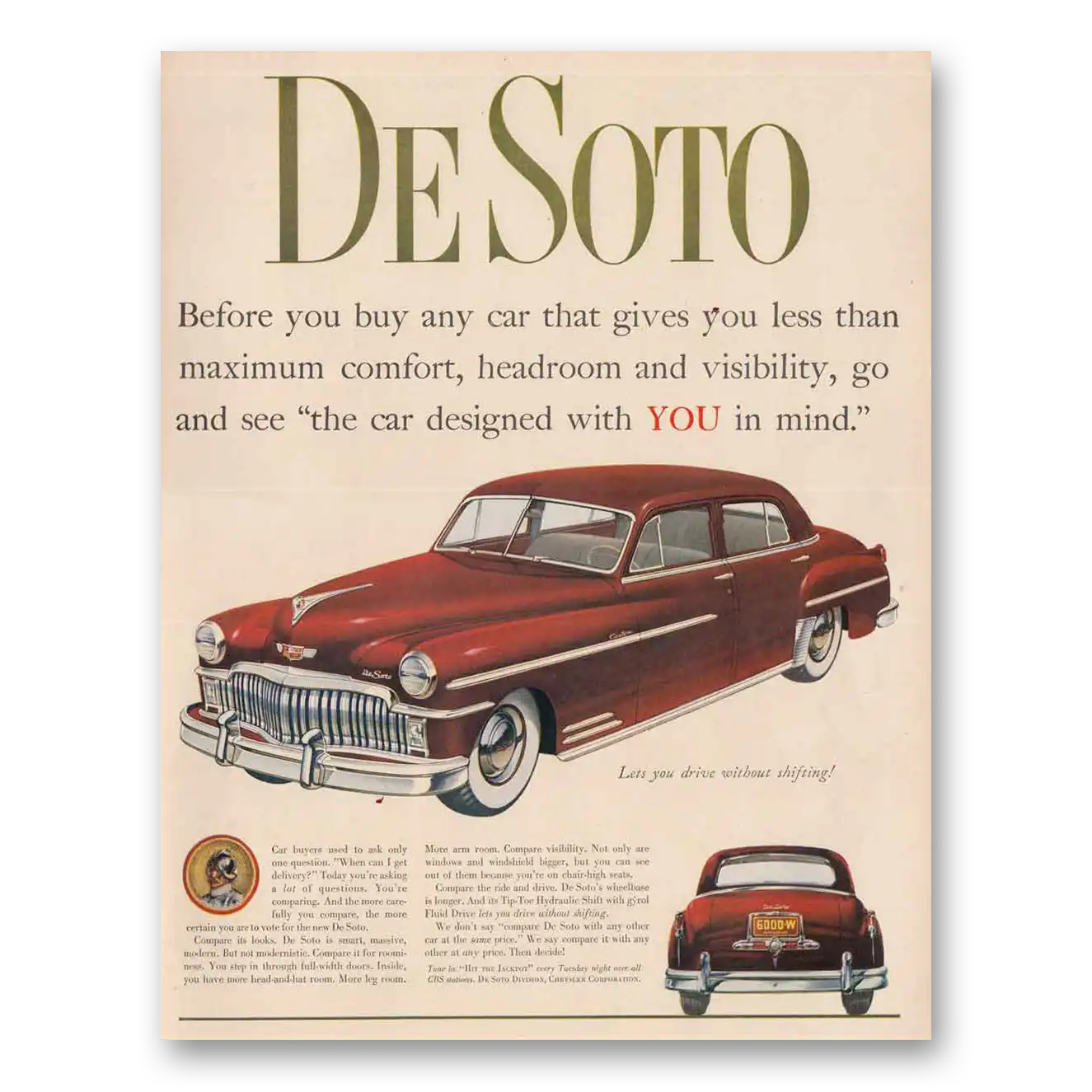 1949 DeSoto Maximum Comfort Headroom Visibility Vintage Magazine Print Ad