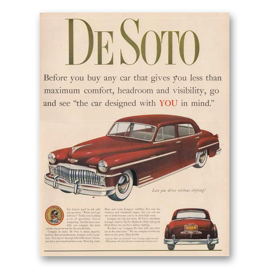 1949 DeSoto Maximum Comfort Headroom Visibility Vintage Magazine Print Ad