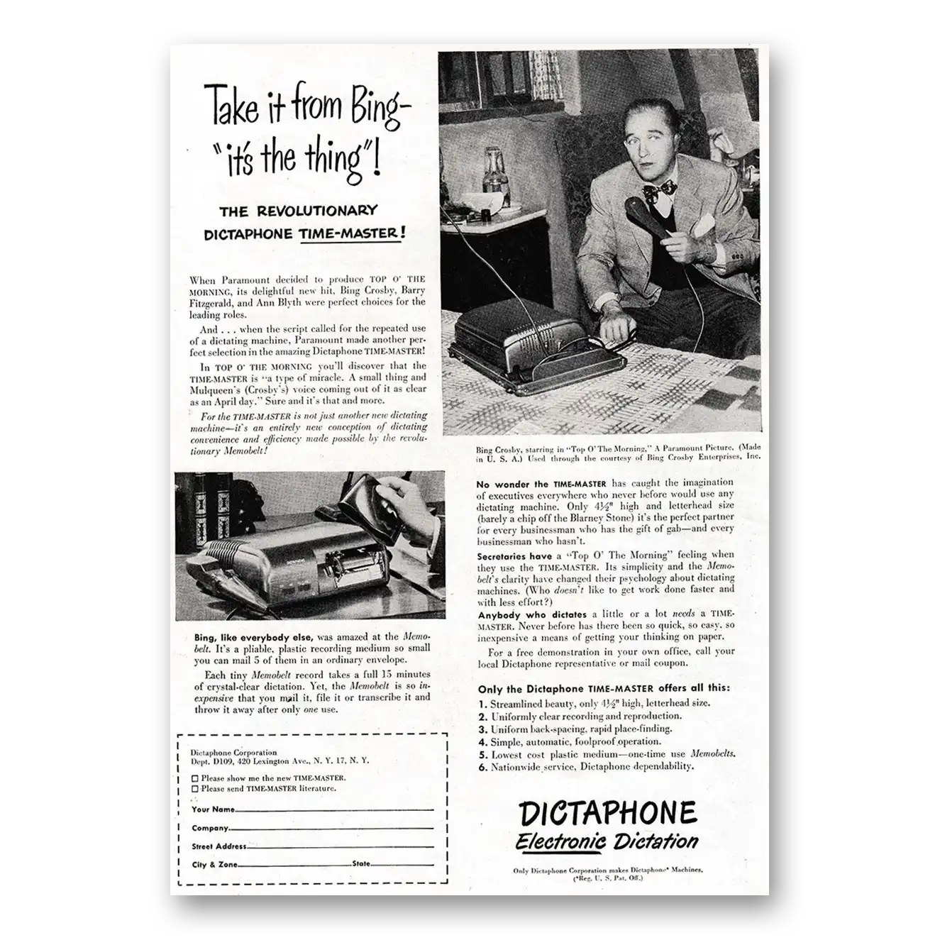 1949 Dictaphone Take It From Bing Its the Thing Vintage Magazine Print Ad