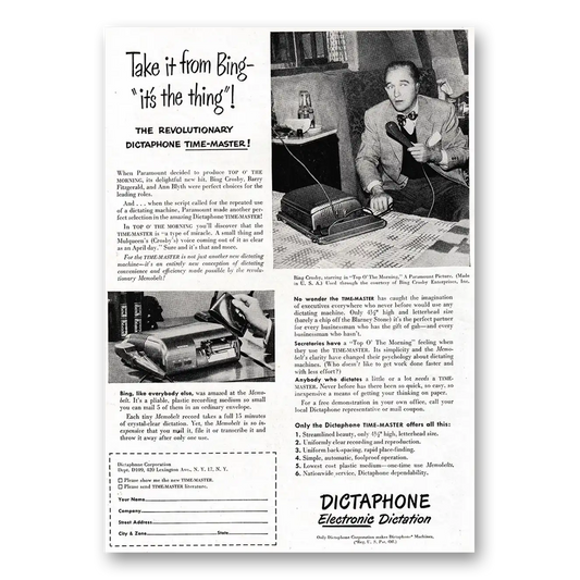 1949 Dictaphone Take It From Bing Its the Thing Vintage Magazine Print Ad