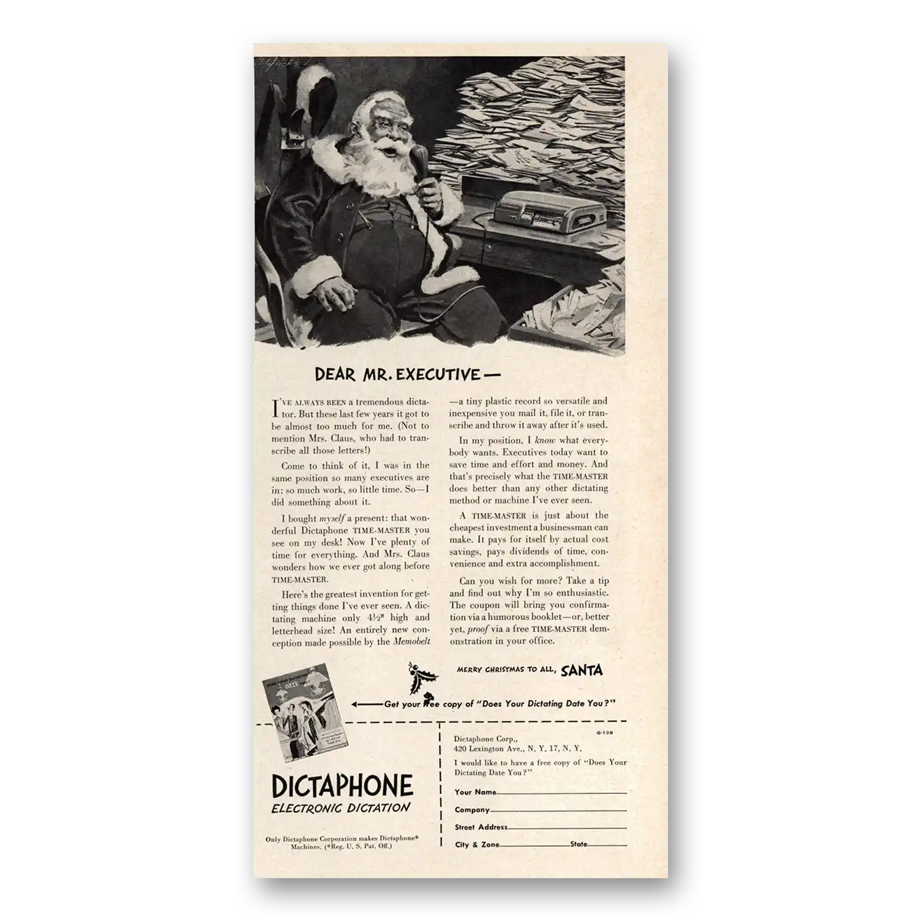 1949 Dictaphone Dear Mr Executive Santa Claus Vintage Magazine Print Ad