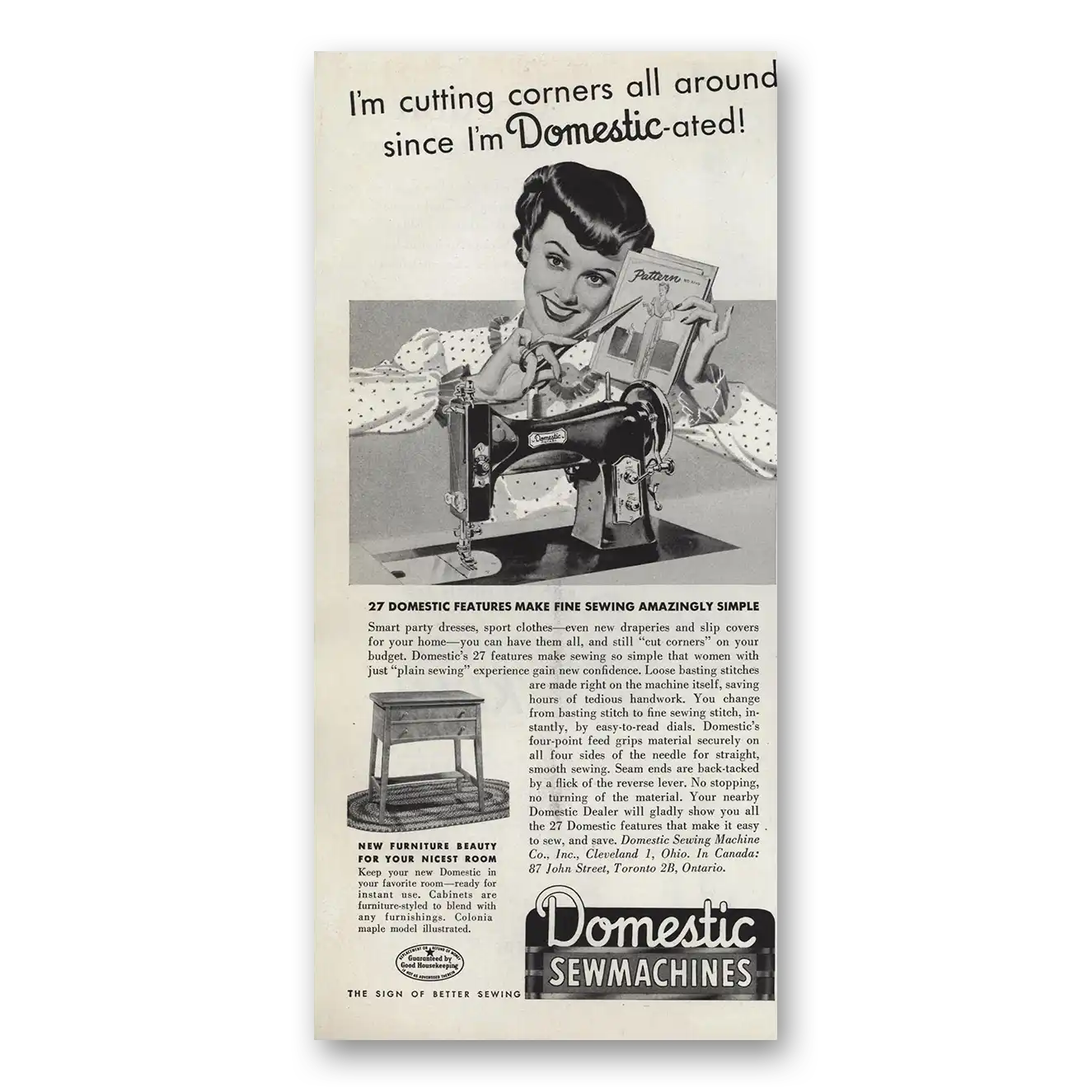 1949 Domestic Sewmachines Cutting Corners All Around Vintage Magazine Print Ad