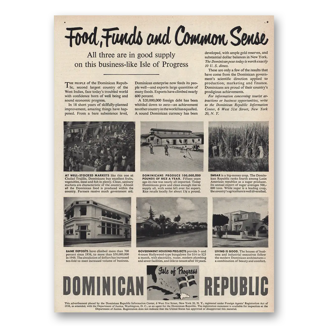 1949 Dominican Republic Food Funds Common Sense Vintage Magazine Print Ad