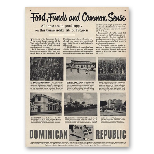 1949 Dominican Republic Food Funds Common Sense Vintage Magazine Print Ad