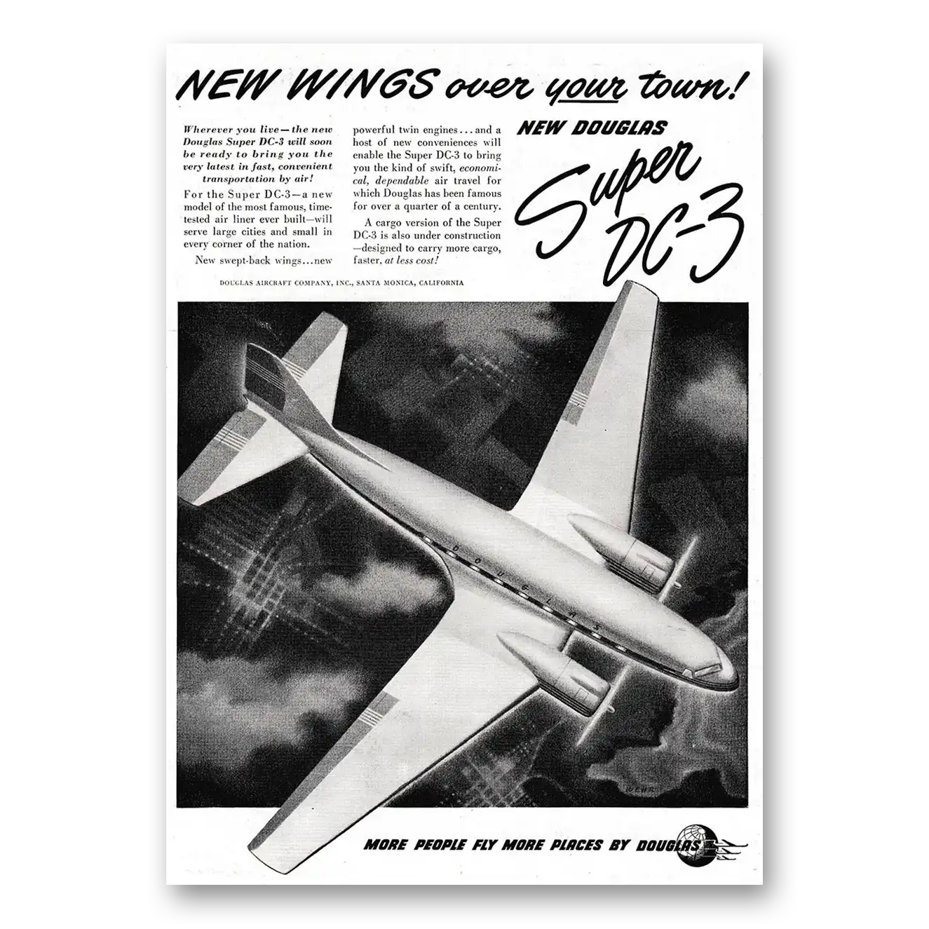 1949 Douglas Super DC3 New Wings Over Your Town Vintage Magazine Print Ad