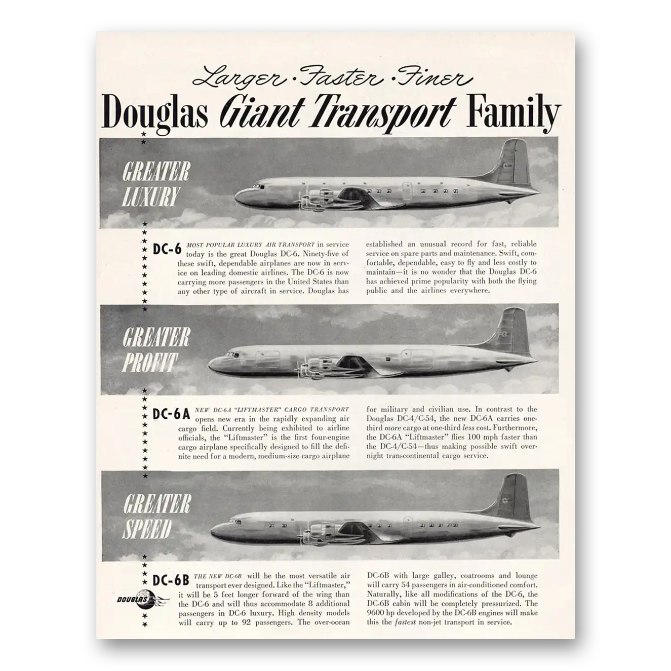 1949 Douglas DC6 Giant Transport Family Vintage Magazine Print Ad