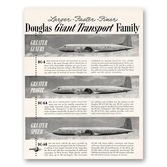 1949 Douglas DC6 Giant Transport Family Vintage Magazine Print Ad