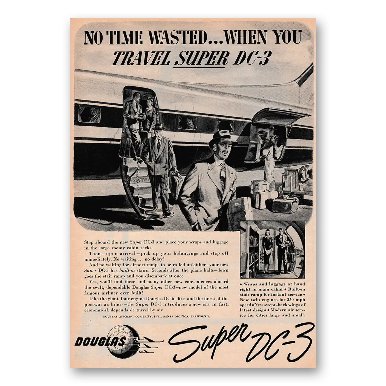 1949 Douglas Super DC3 No Time Wasted Vintage Magazine Print Ad