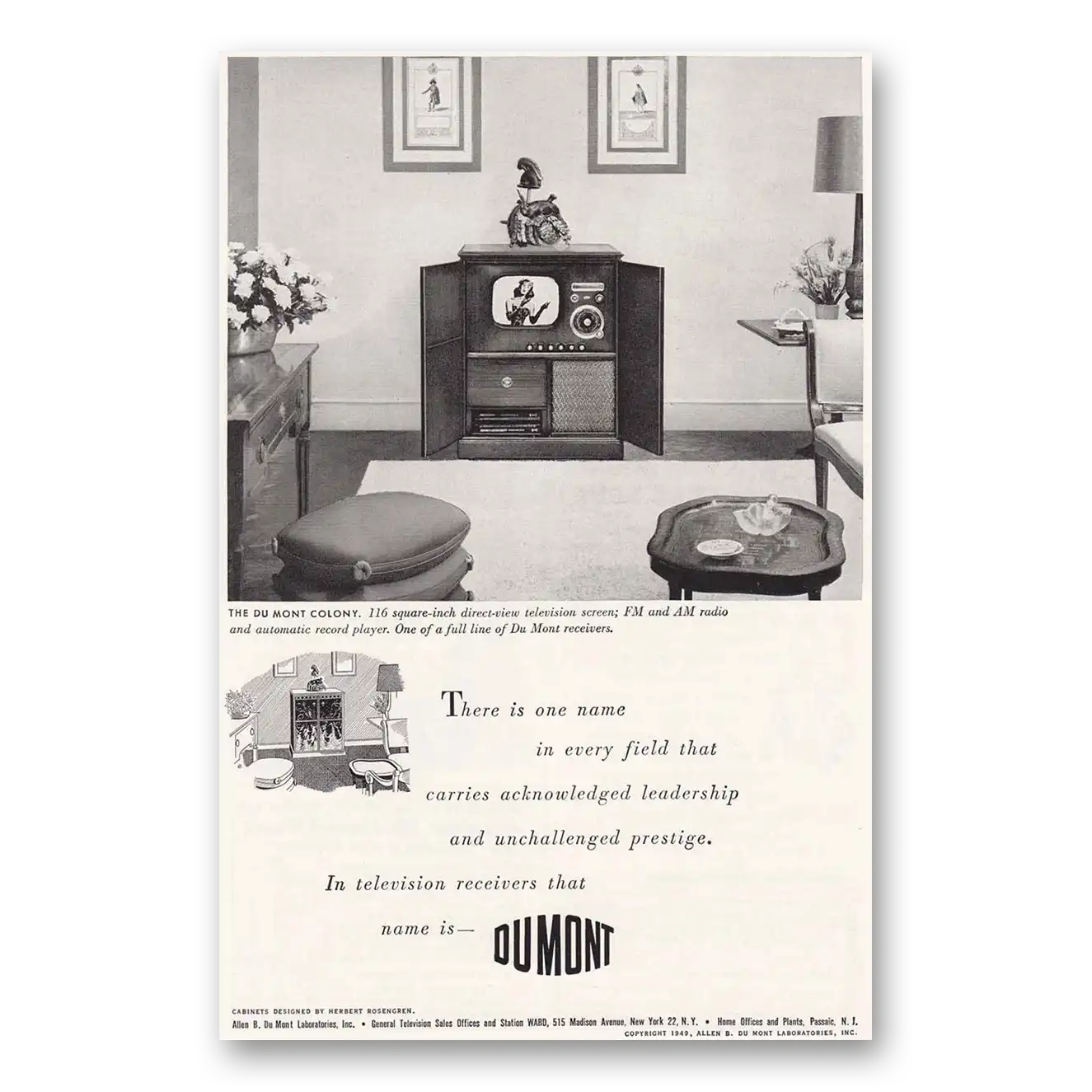 1949 DuMont Television One Name Vintage Magazine Print Ad